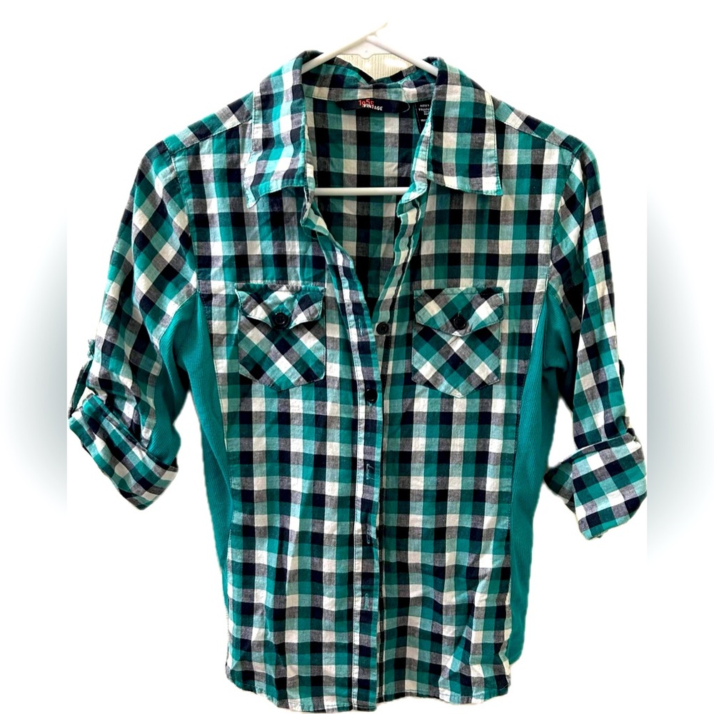 Women’s Fitted Green Checkered Button Down Top L